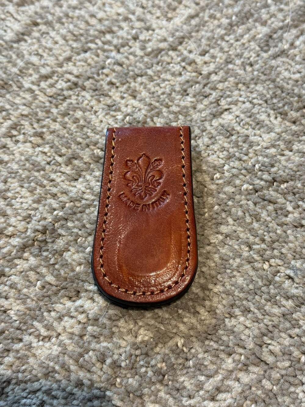 Vera Pelle Made In Italy Brown Leather Magnetic Money Clip w/ Fleur-de-lis Stamp